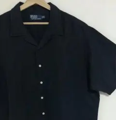 ブラック リネンシルク90s ポロ ラルフローレン 開襟 オープンカラー シャツ