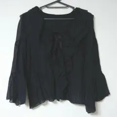 レディースM ブラック フリル 五分袖 ブラウス トップス シースルー