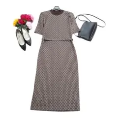 ZARA ザラAライン総柄ロングワンピース茶ブラウンSタイト幾何学ベルト付き