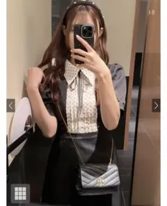 リボンタイ付きドット柄コンビフレアワンピース[tg623] GRL