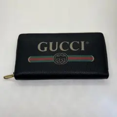 超美品】GUCCI ロゴプリント シェリーライン ジップ 長財布 レザー 黒