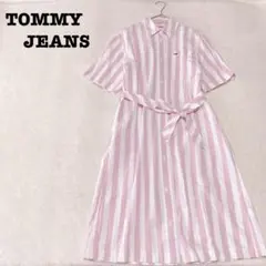 DE0075【トミージーンズ】シャツワンピース【XS】リネン混 ストライプベルト