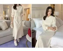 【DHOLIC】アイボリー ベージュ フード付き ロングワンピース