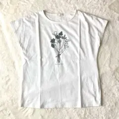 コムサマチュア　花柄プリントラインストーン付フレンチスリーブトップス　Ｌ　白　綿のサムネイル