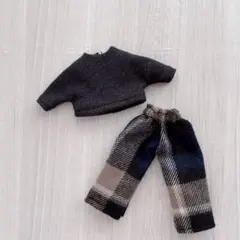 チェックパンツブラウン＋ブラック長袖トップス2枚セット