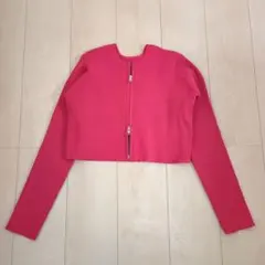 ​【GRL】ダブルジップ ショート丈 リブニットカーディガン レッド F