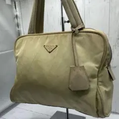 PRADA ショルダーバッグ ベージュ レザーベルト テスートナイロン 三角 