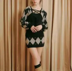 BUBBLES レースアップアーガイルワンピース