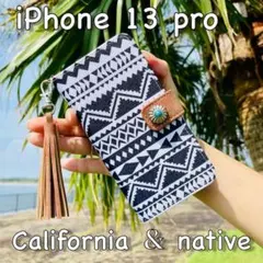 iPhone 13 pro レザーケース＊ネイティブ＆コンチョ＊手帳型カバー＊