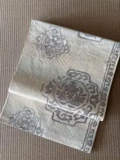 名古屋帯 八寸 夏物 夏帯 縦絽 白 灰色 縞 松葉仕立て 新古品 kp2461