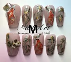 金魚　花柄　宝石飾り　コフィン型　ネイルチップ　サイズM