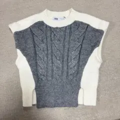 ケーブルニット Sサイズ グレー/ホワイト ノースリーブ