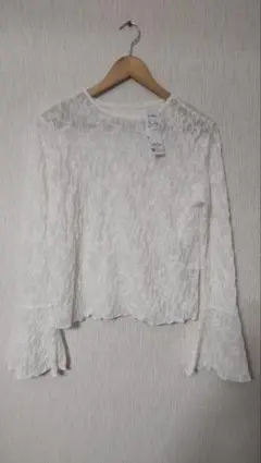 新品■袖フレア レースシアーPO アイボリーMサイズ