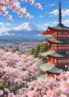 【イラスト】富士山と五重塔 桜の風景 アートポスター