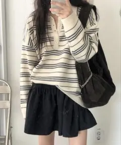 Doula Doula ポロカラールーズフィットボーダーニット オフホワイト