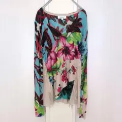 デシグアル　カットソー　ブラウス　ストレッチ　花柄　フリンジ　ゆったりサイズ