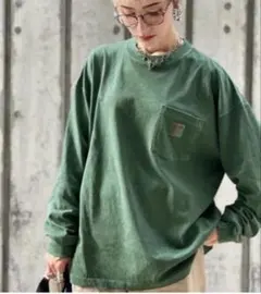 JaVa ポケット付き長袖Tシャツ グリーン Lサイズ