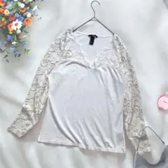 《H&M》 レーススリーブシャツ EUR L ホワイト 大きいサイズ レース切替のサムネイル