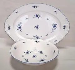 Noritake クラフトーン青い小花柄大楕円形プレートと大サラダボウルセット