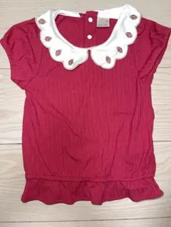 赤いいちご刺繍入りスカラップ襟半袖シャツ