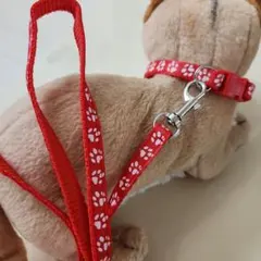 【新品】 首輪&リードセット レッド 肉球模様 調整可能 小型犬·ねこ