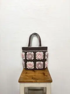 モチーフ編み　手編み　お花　コットン　バッグ　ハンドメイド　No.343