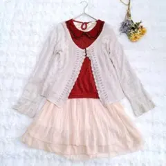 axes femme　赤ニットシフォンのドッキングワンピース　カーデセット M