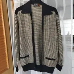 ハウンドトゥースパターン ジップアップカーディガンウール100%