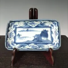 極上古伊万里 色絵賢人碁打図長皿 細密絵付 双龍文 江戸期 古美術 21cm