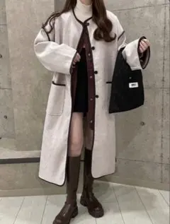 ノーカラーコート パイピング GRL ロングコート ベージュ・ボルドーセット