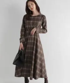 Andemiu ⭐️ 秋冬　チェック　ロング　ワンピース　長袖　ブラウン