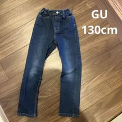 GU 130cm キッズダークブルーデニムパンツ ゴムウエスト