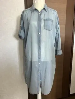 シャツワンピース 薄手デニム風 ライトブルー