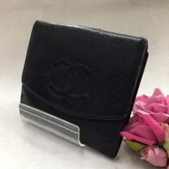シャネル　キャビアスキン　Wホック二つ折り財布　ブラック　ココマーク