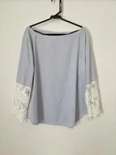 レース　ストライプ オフショルダー 長袖ブラウス　ブルー×ホワイト　シャツ