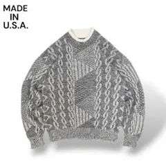 90s USA製soltex総柄ジャカードニット モノトーン幾何学 立体編み古着