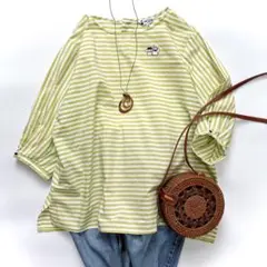 美品 スタジオピッコーネ 刺繍 ビーズ ボーダーブラウス ライムグリーン 近年