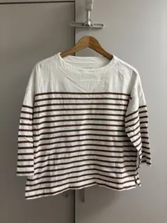 ストライプ七分袖Tシャツ ホワイト/ブラウン
