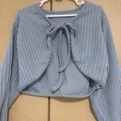 リボン付きグレーリブ編みカーディガン