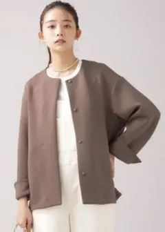 ナノユニバース◆ミドル丈ノーカラーダンボールコート　グレージュジャケットアウター