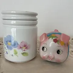 加藤工芸 豚の貯金箱 ＆ 私の部屋の購入花柄キャニスター 昭和レトロ陶器2点