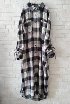 美品 チェック柄 ドロスト シャツワンピース ロング 大きいサイズ