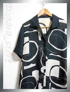 個性的！ペン画調×切り絵風アート総柄半袖シャツ