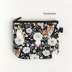 猫 フラワー ぺたんこ ミニポーチ ハンドメイド 黒 No.699