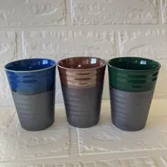 和モダン 陶器カップ 3点セットブルー・ブラウン・グリーン湯呑み・フリーカップ