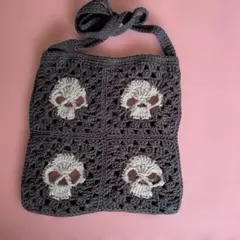 コットン素材ハンドメイド　骸骨デザイン ショルダーポシェット　グレー