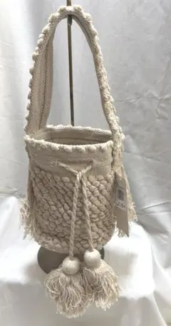 CARAOCRUZ ベージュ コットン かごバッグ フリンジ付き