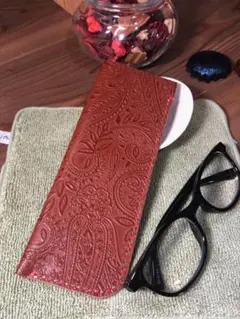 ペイズリー柄メガネケース　レザークラフト 本革使用　P007