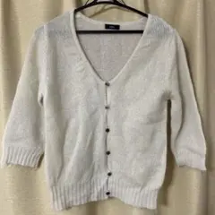 INED 生成色ホワイトVネック 七分袖モヘヤ カーディガン サイズ2、9号M
