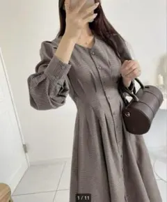 グレイル　千鳥格子チェック柄タックフレアワンピース[tu445] ブラウン　S